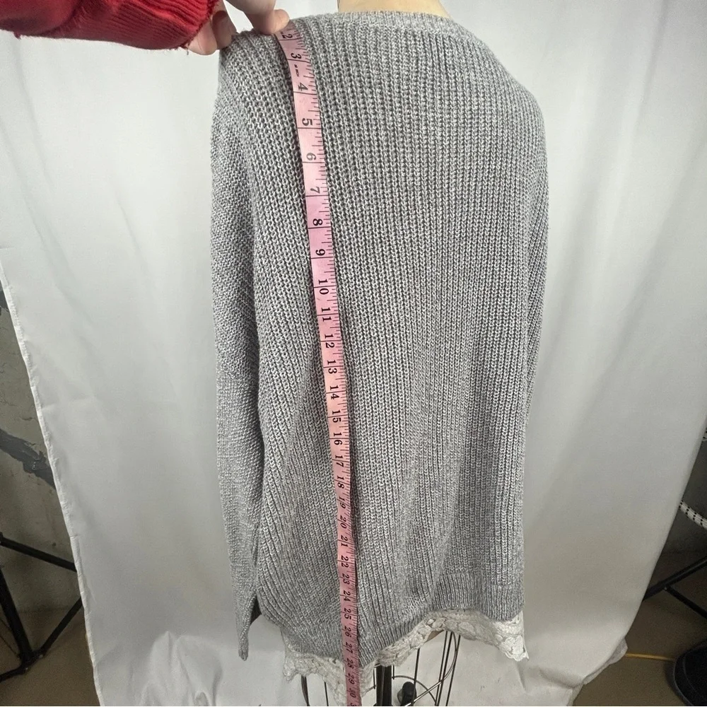 Anthro Pins & Needles Gray Long Sleeve Knit Sweater Dress White Lace Trim Large